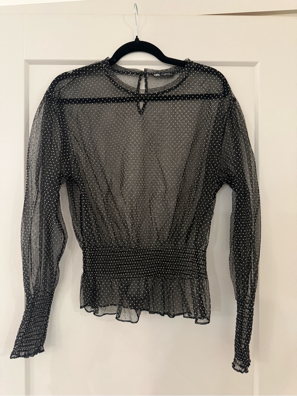 Zara Sheer Black Polka Dot Long Sleeve Blouse